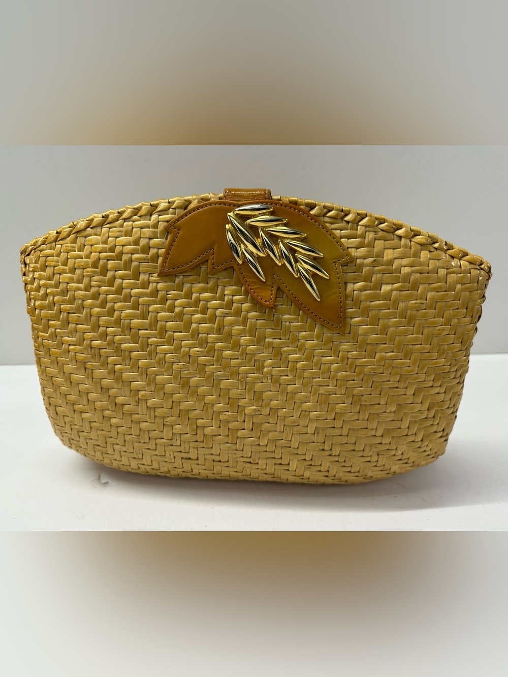 RODO Italian Wheat Straw Clutch with Gold Leaf Clasp